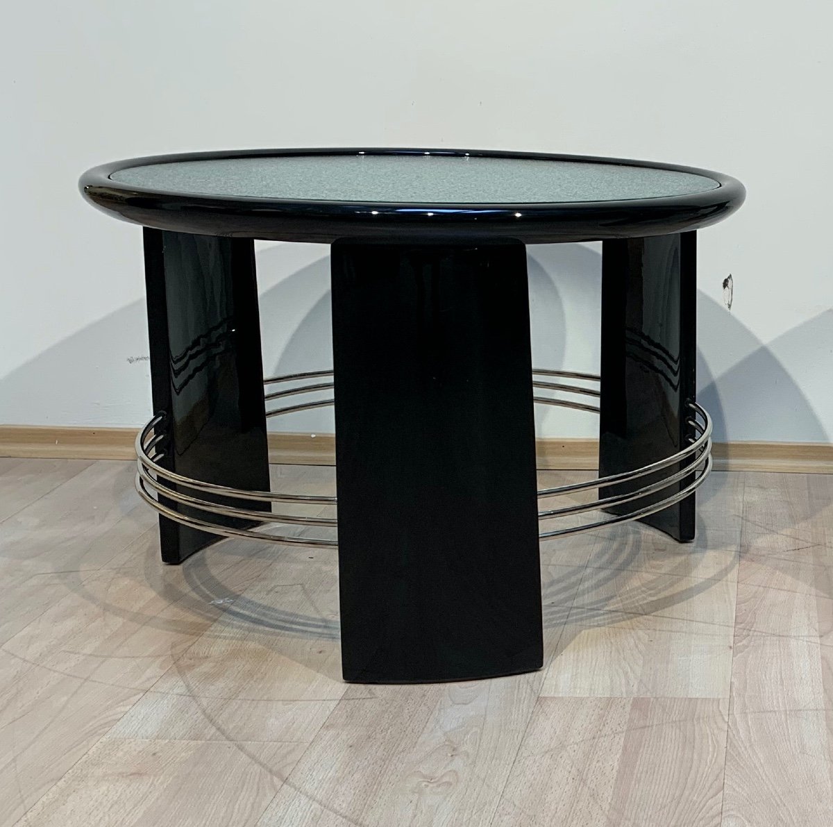 Art Deco Coffee Table, Black Lacquer, Chrome, Glass, France Circa 1930-photo-4