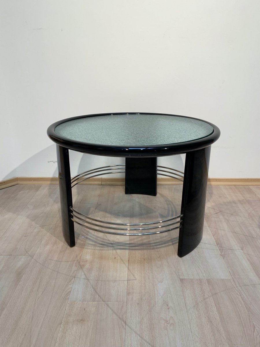 Art Deco Coffee Table, Black Lacquer, Chrome, Glass, France Circa 1930-photo-8