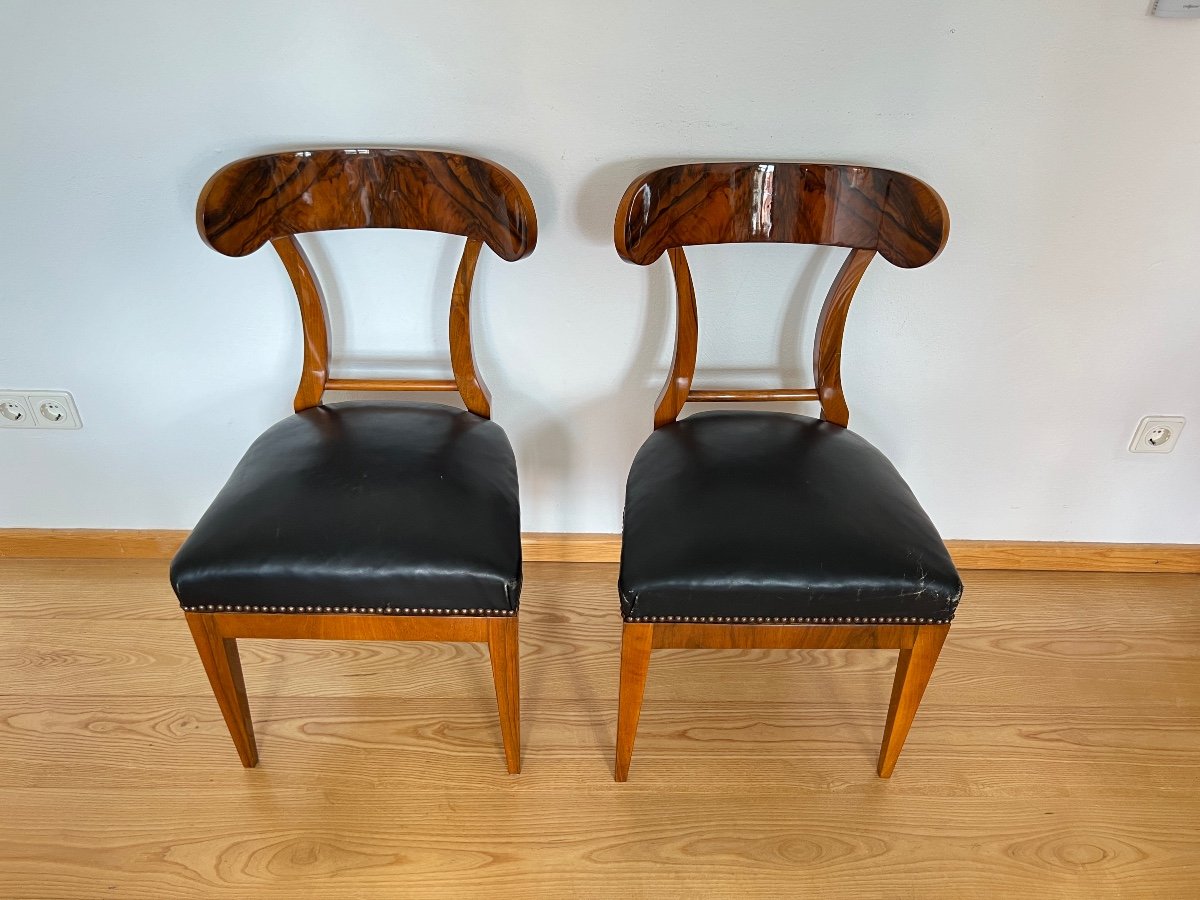 Pair Of Biedermeier Shovel Chairs, Walnut Veneer, Black Leather, Austria Circa 1820-photo-2