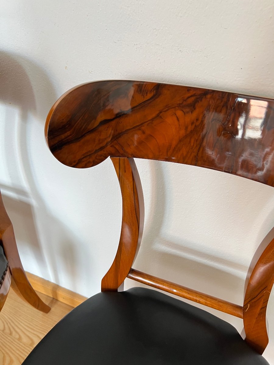 Pair Of Biedermeier Shovel Chairs, Walnut Veneer, Black Leather, Austria Circa 1820-photo-3