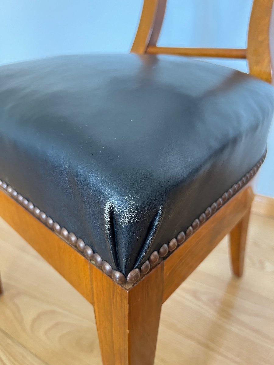 Pair Of Biedermeier Shovel Chairs, Walnut Veneer, Black Leather, Austria Circa 1820-photo-7