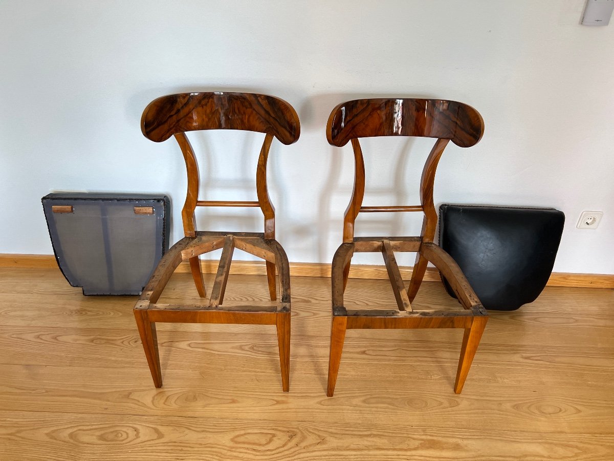 Pair Of Biedermeier Shovel Chairs, Walnut Veneer, Black Leather, Austria Circa 1820-photo-8