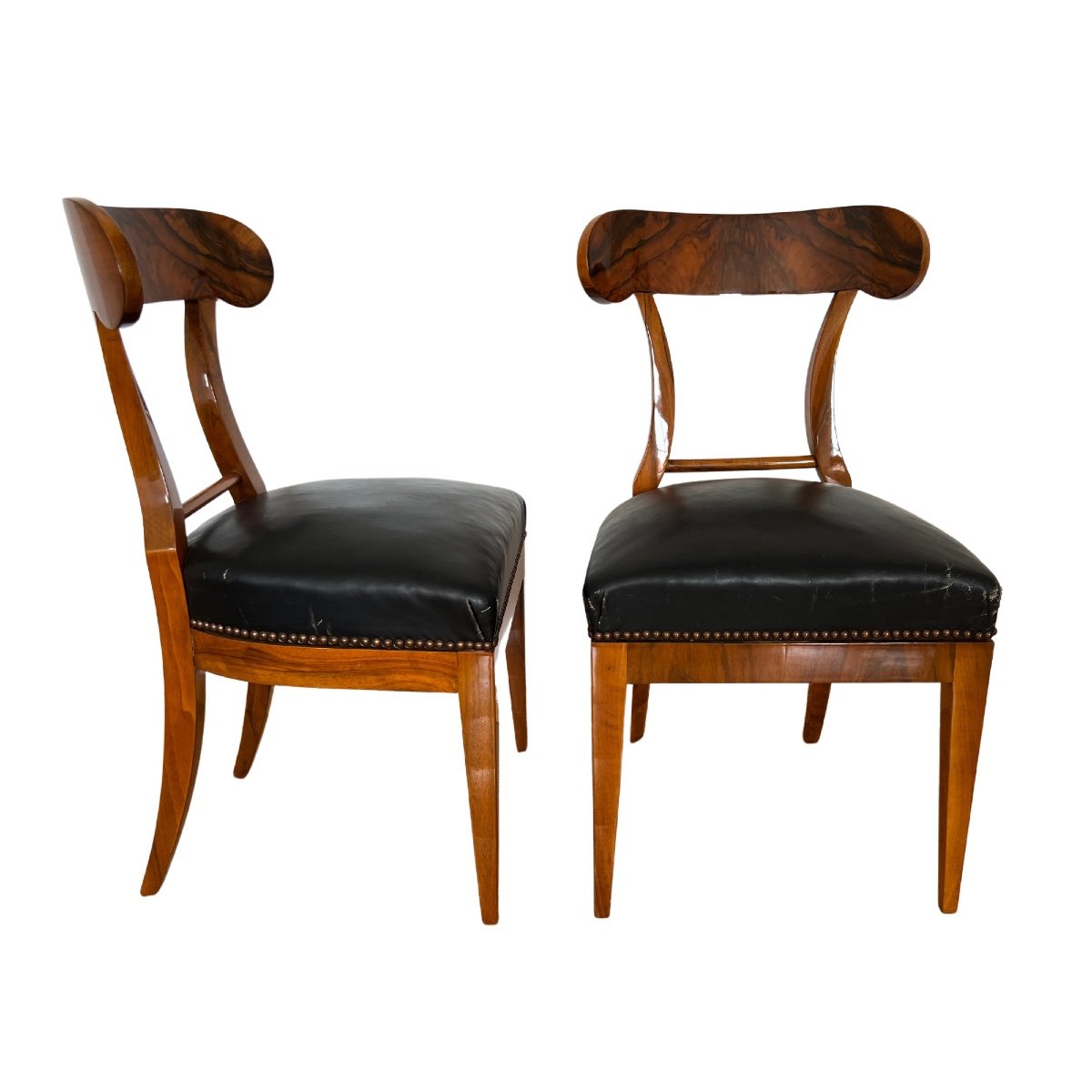 Pair Of Biedermeier Shovel Chairs, Walnut Veneer, Black Leather, Austria Circa 1820