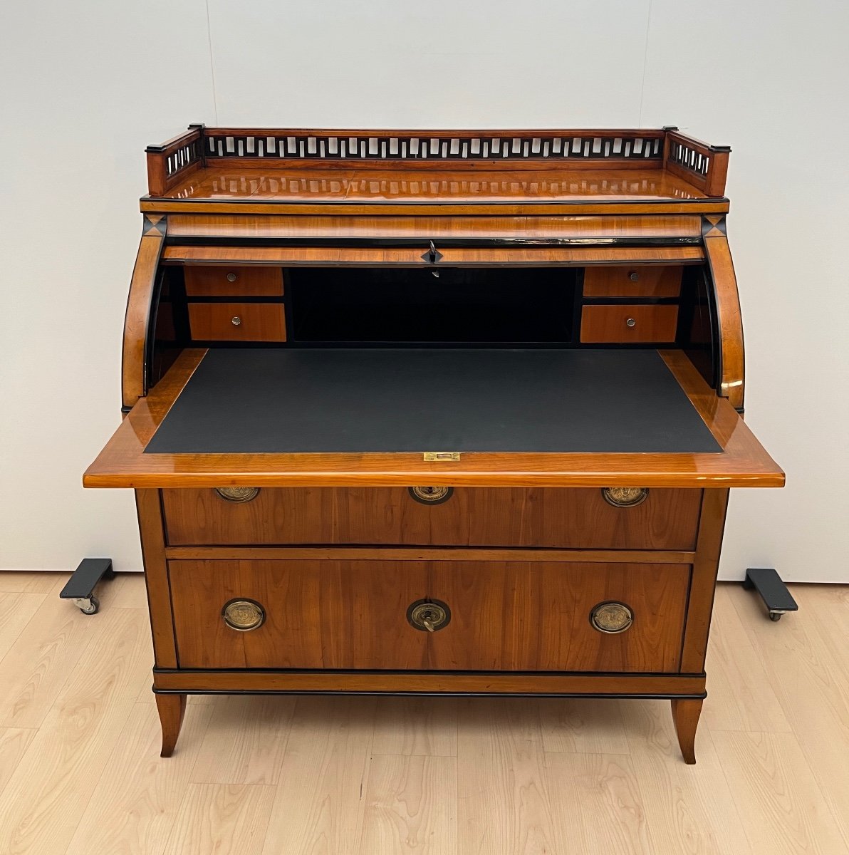 Biedermeier Roll- Top Desk, Cherry Veneer, Ink, Brass, South Germany Circa 1820-photo-2