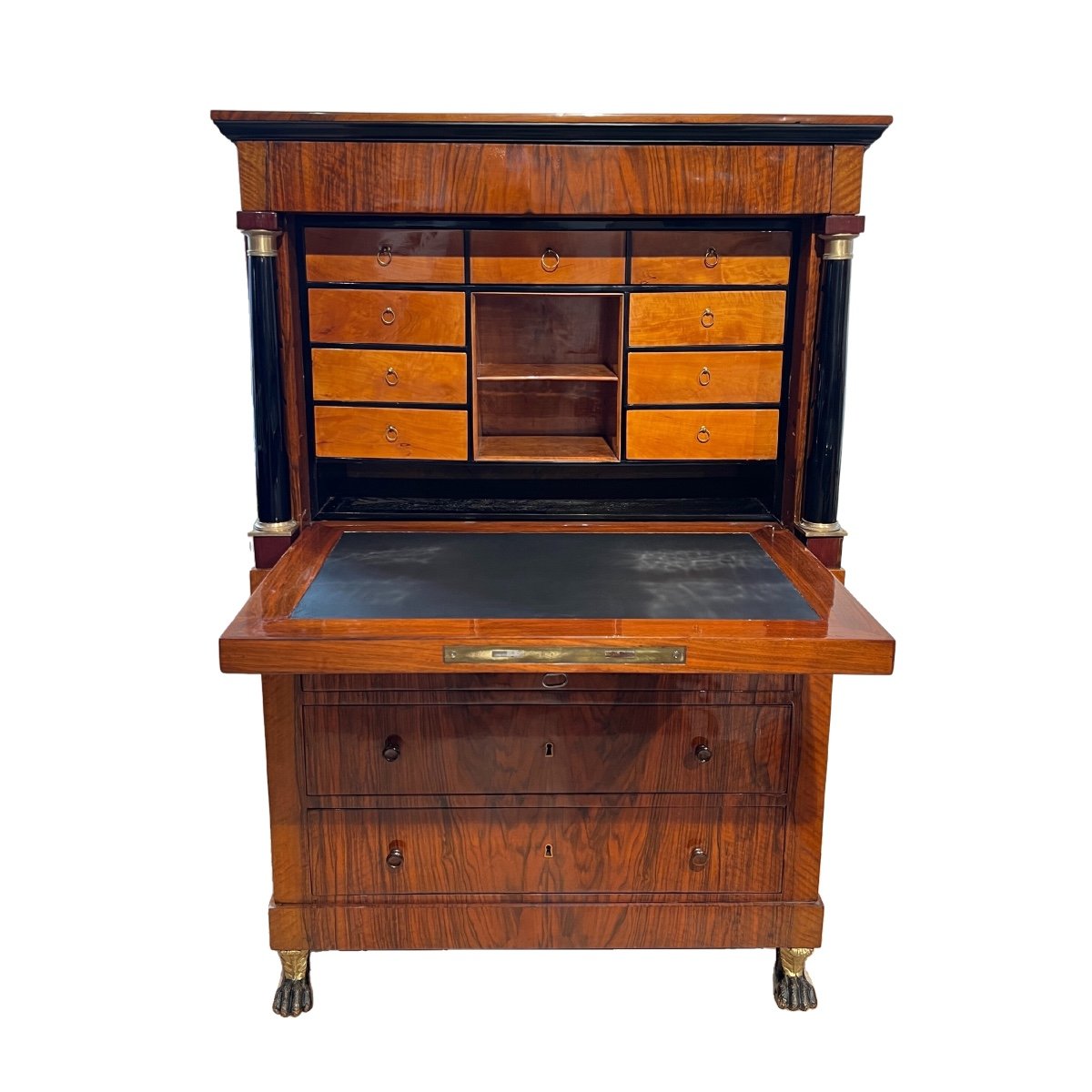 Biedermeier Secretary, Walnut, Maple, Paw Feet, Austria Circa 1820