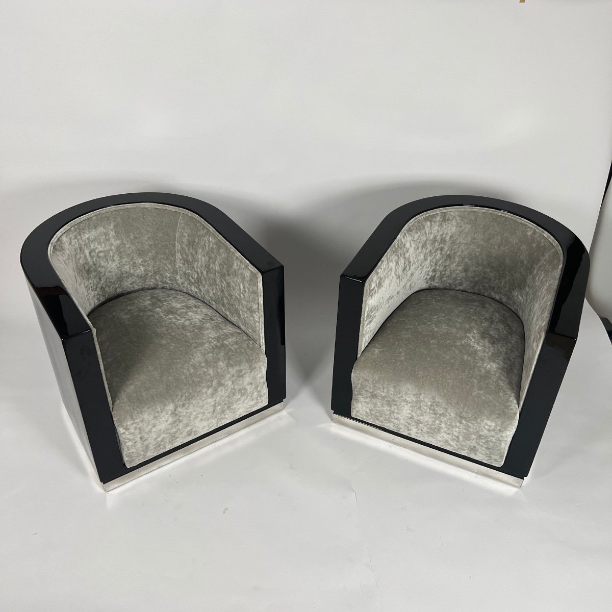 Pair Of Art Deco Club Chairs, Black Lacquer, Grey Velvet, France Circa 1930-photo-4