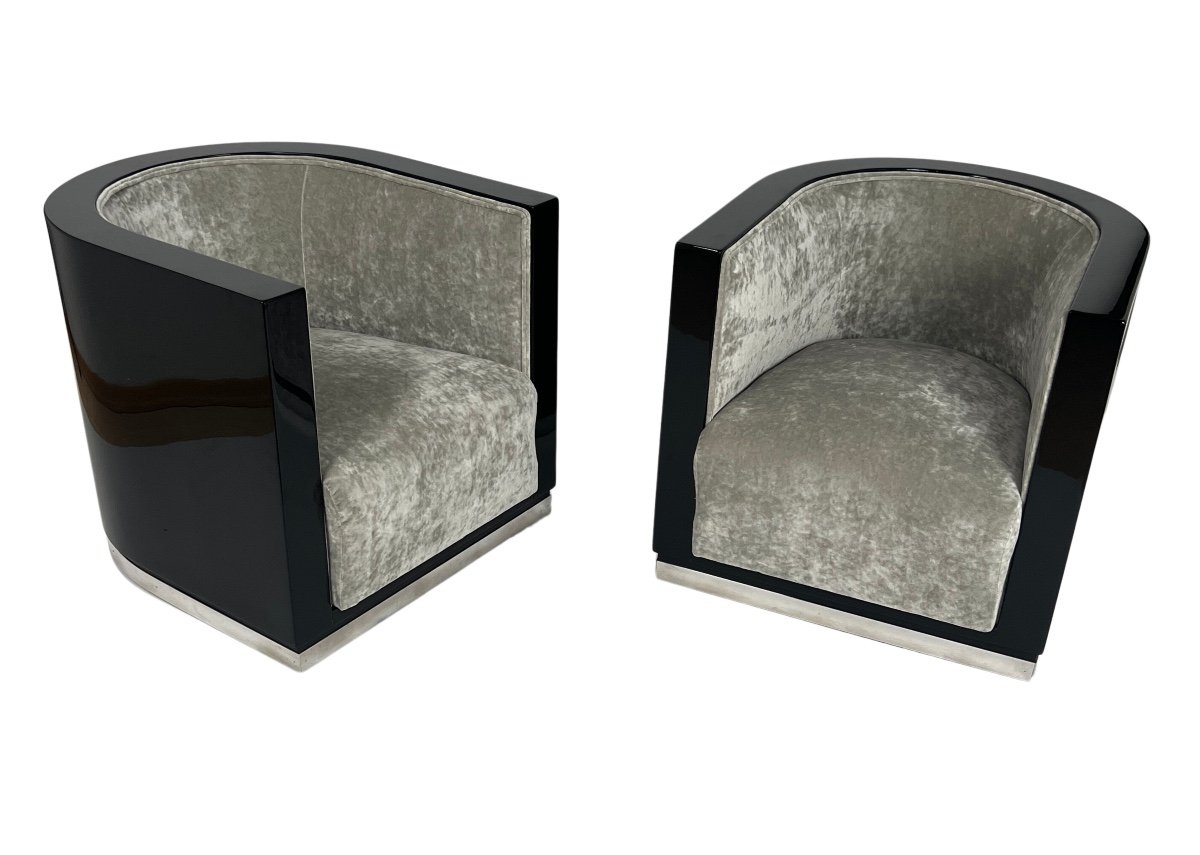 Pair Of Art Deco Club Chairs, Black Lacquer, Grey Velvet, France Circa 1930