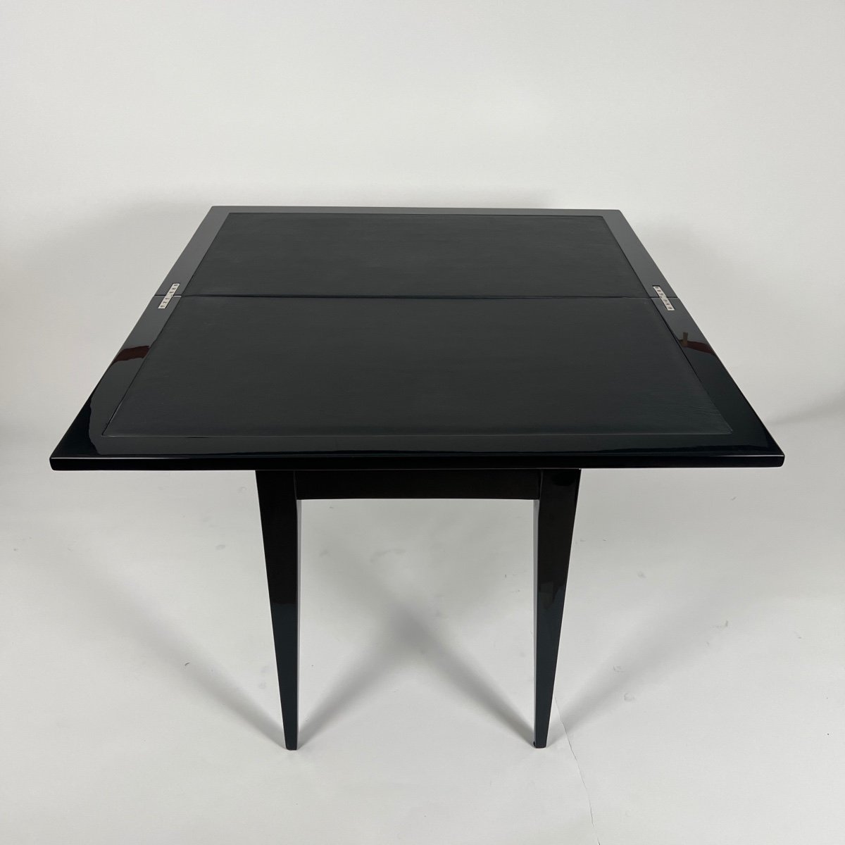 Table De Jeu Art Déco, Laque Noire, Cuir Rouge Et Noir, France Vers 1930-photo-4