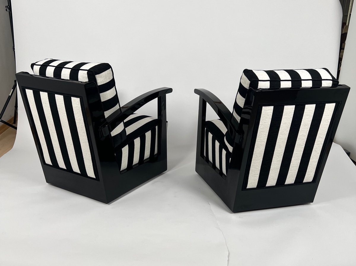 Pair Of Art Deco Armchairs, Black Lacquer, Striped Fabric, Netherlands Circa 1925-photo-2