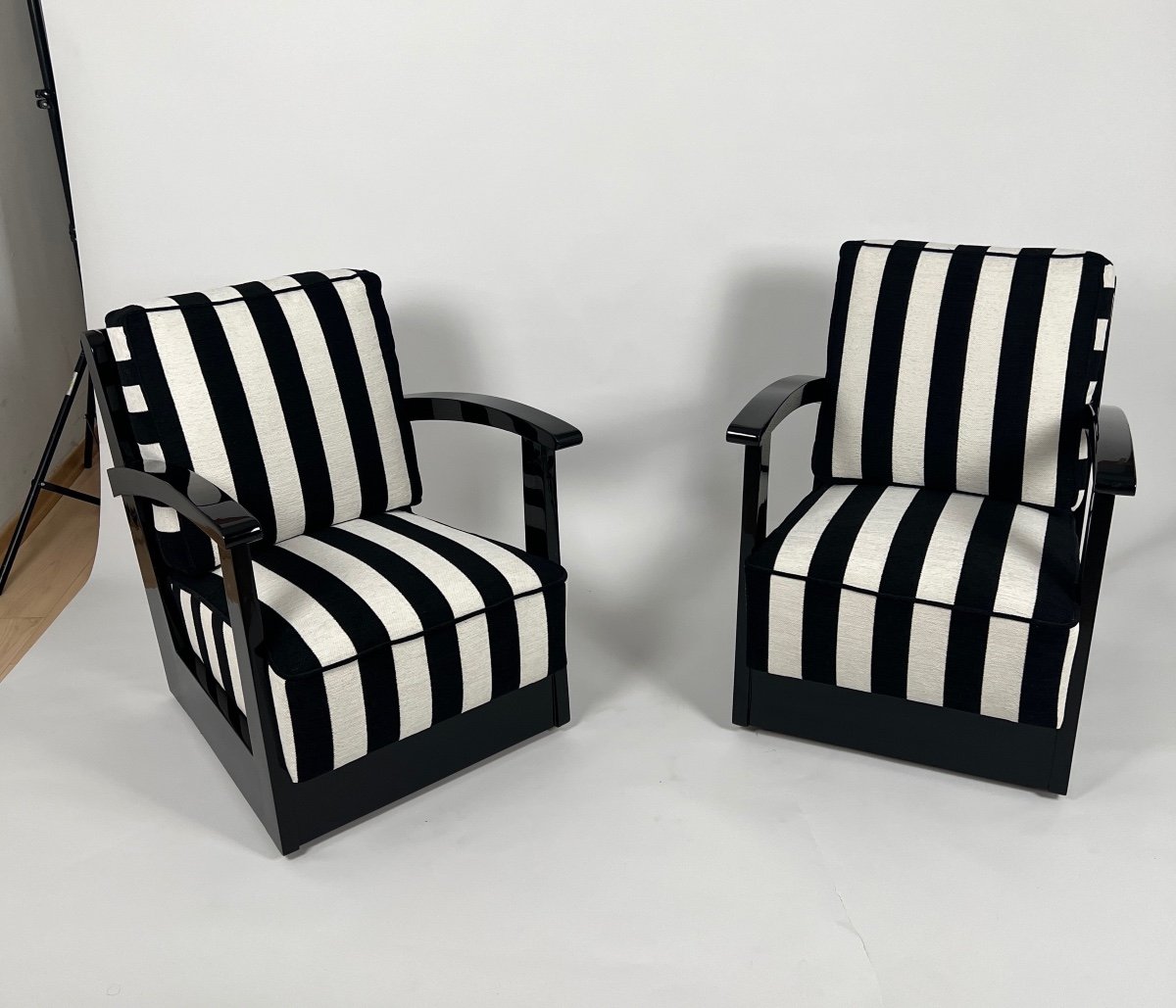 Pair Of Art Deco Armchairs, Black Lacquer, Striped Fabric, Netherlands Circa 1925-photo-3