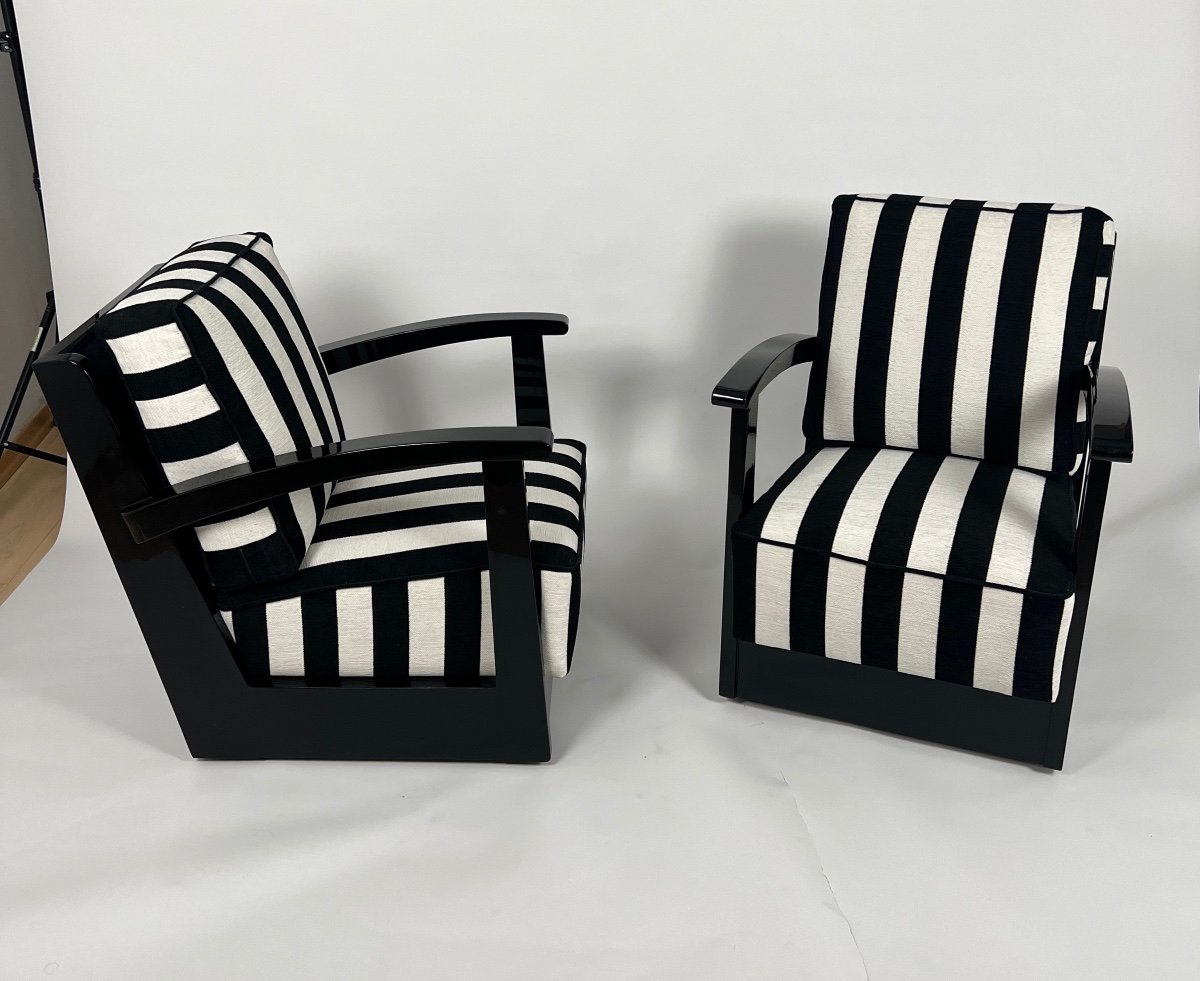 Pair Of Art Deco Armchairs, Black Lacquer, Striped Fabric, Netherlands Circa 1925-photo-4