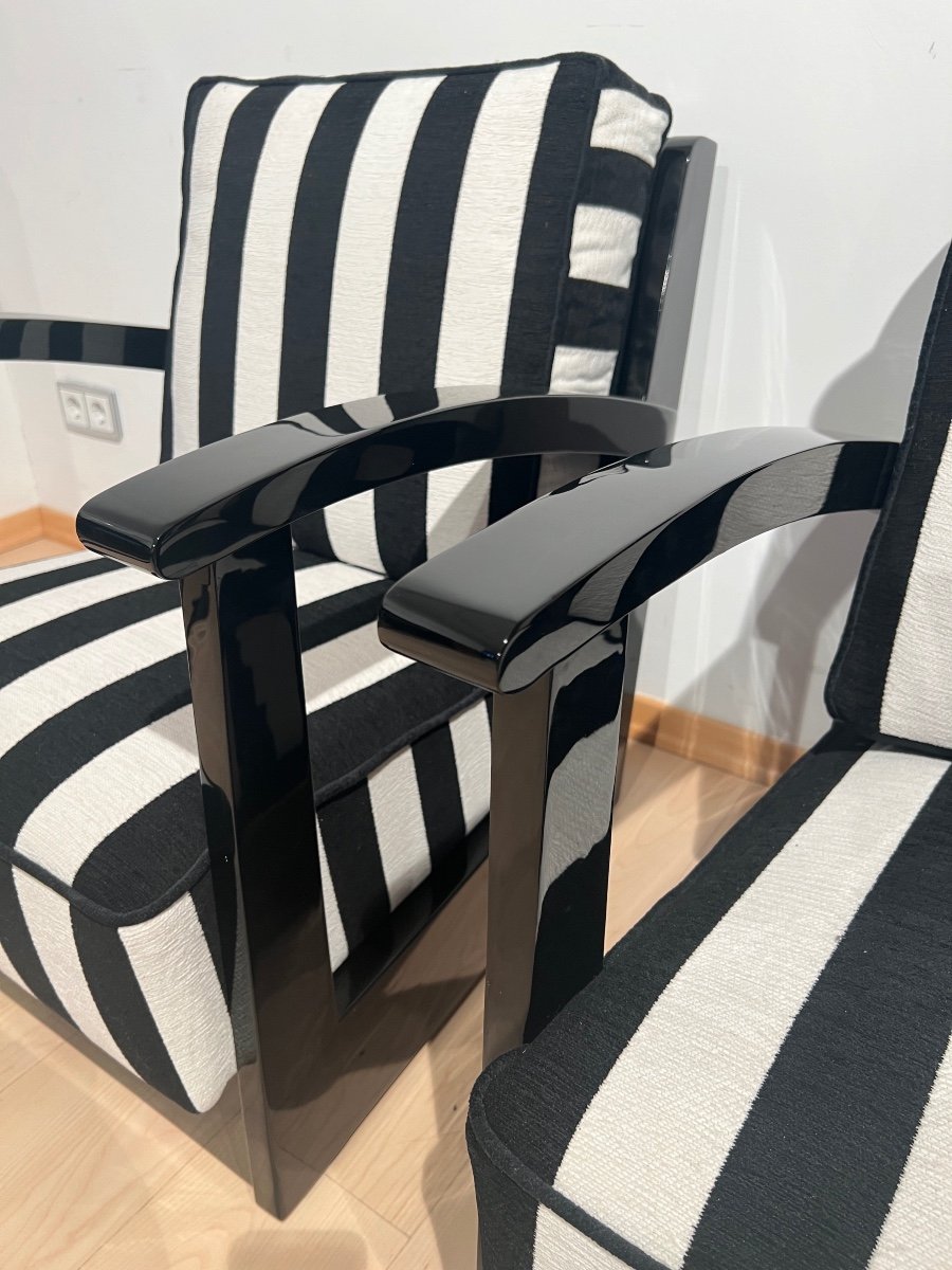 Pair Of Art Deco Armchairs, Black Lacquer, Striped Fabric, Netherlands Circa 1925-photo-4