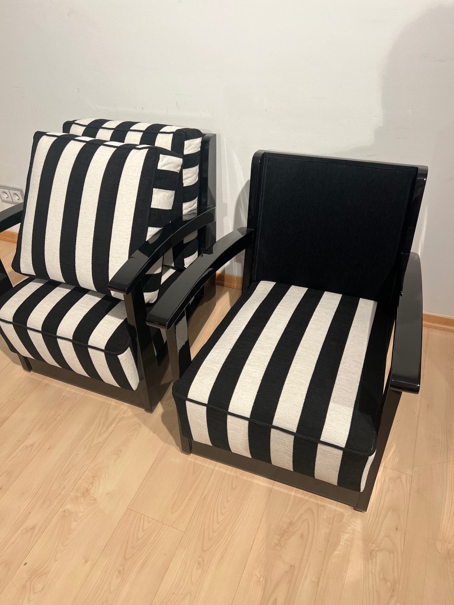 Pair Of Art Deco Armchairs, Black Lacquer, Striped Fabric, Netherlands Circa 1925-photo-6