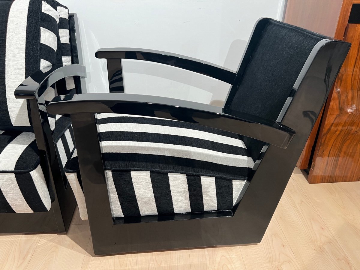 Pair Of Art Deco Armchairs, Black Lacquer, Striped Fabric, Netherlands Circa 1925-photo-7