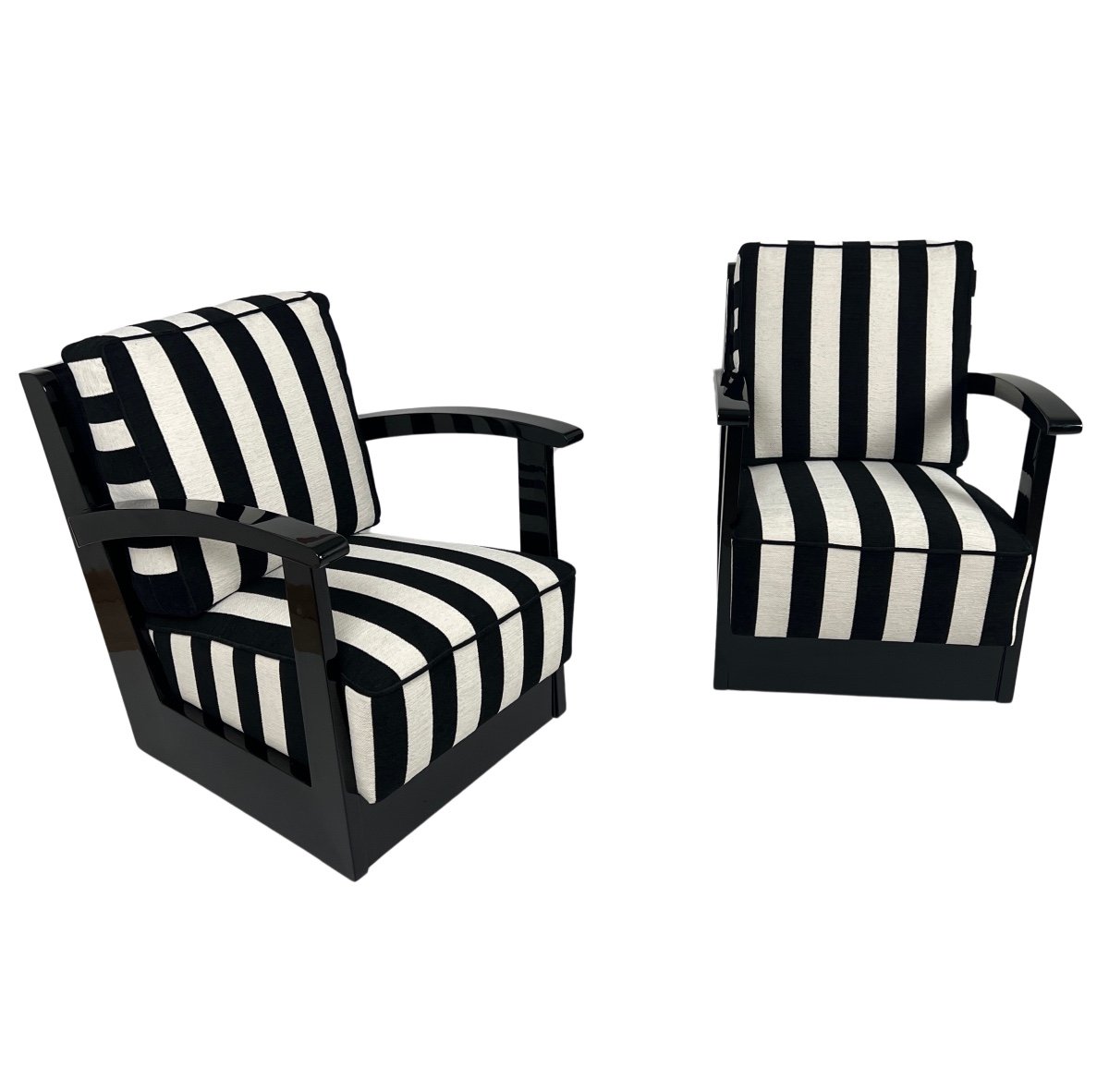 Pair Of Art Deco Armchairs, Black Lacquer, Striped Fabric, Netherlands Circa 1925