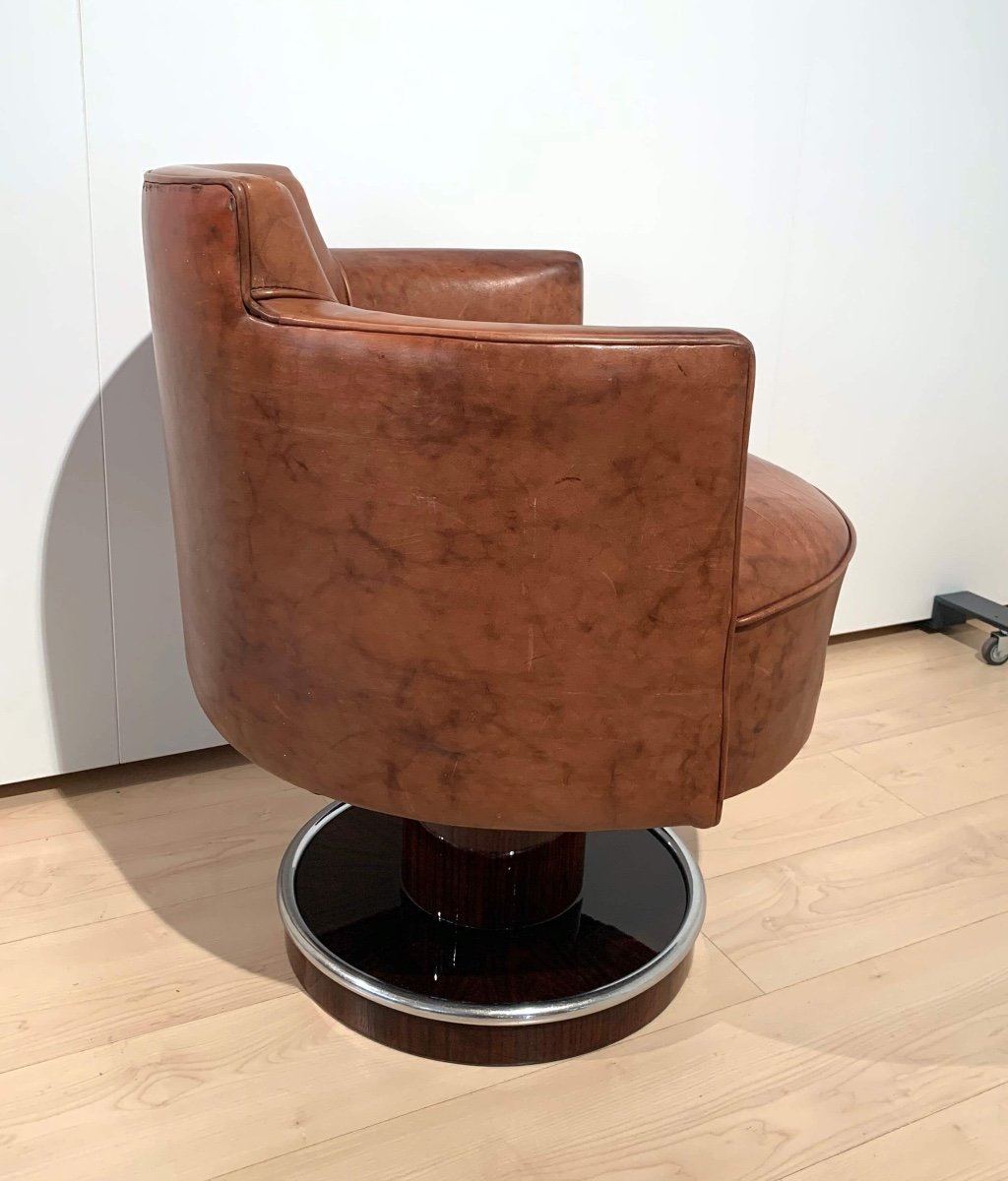 Fauteuil Pivotant Art Déco, De Coene Freres, Cuir, Palissandre, France Vers 1930-photo-3