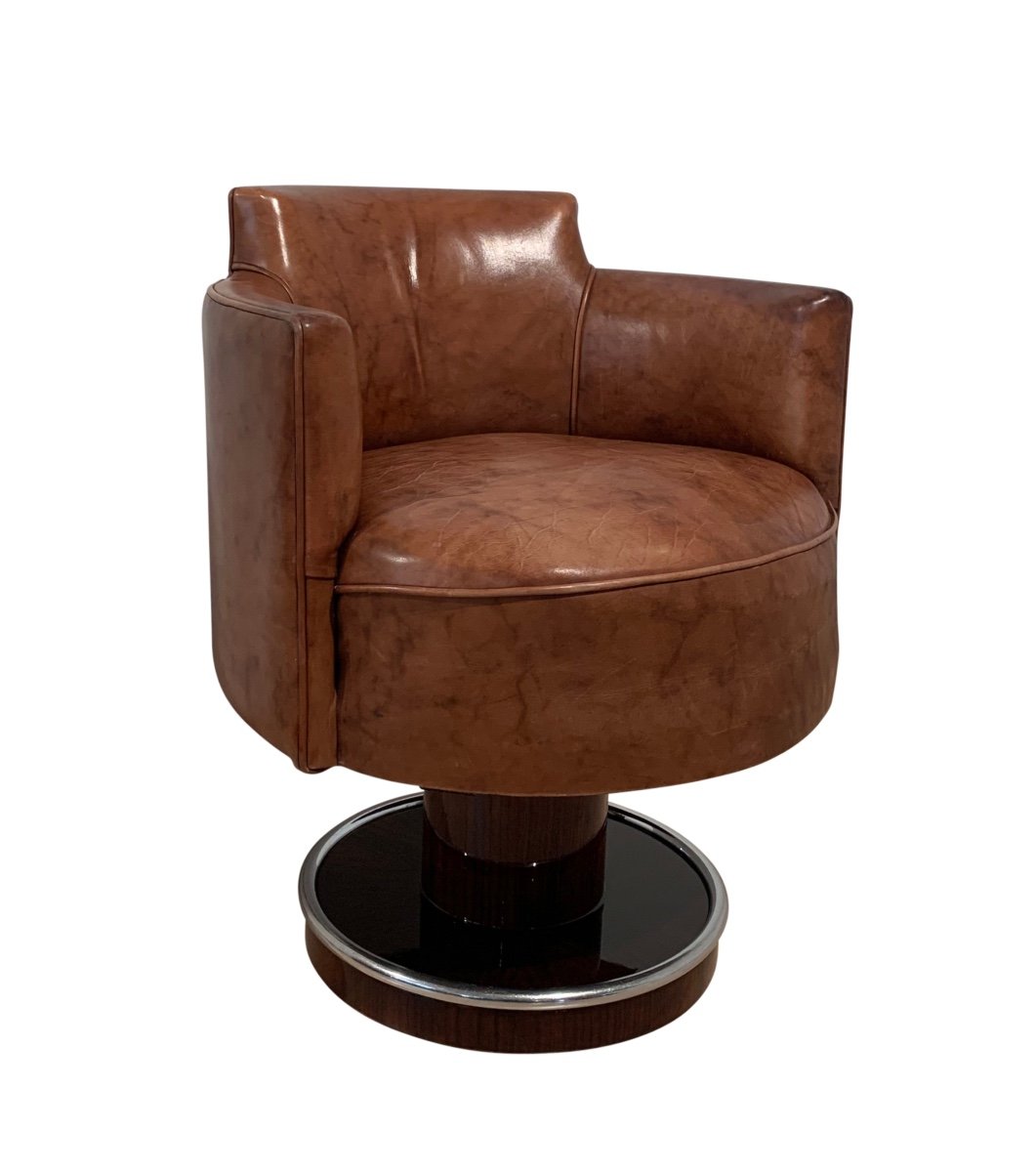 Fauteuil Pivotant Art Déco, De Coene Freres, Cuir, Palissandre, France Vers 1930