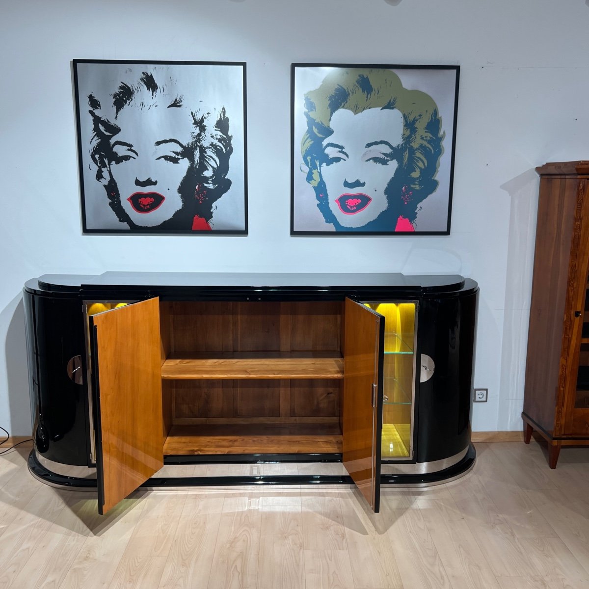 Grand Buffet Art Déco, Laque Noire, érable, éclairage, France Vers 1930-photo-3