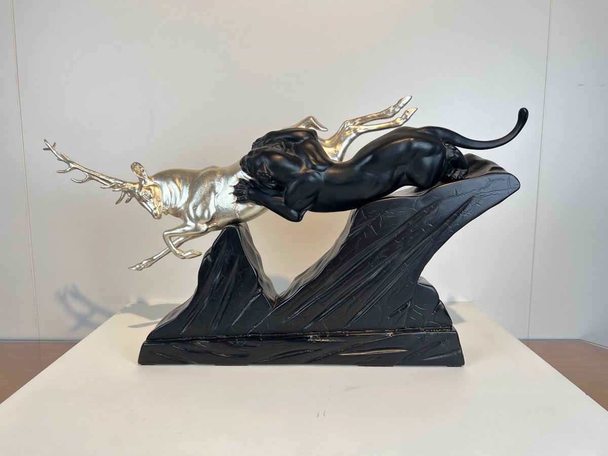 Art Deco Deer And Panther Sculpture By Irenee Rochard, White Gold, Lacquer, France Circa 1930-photo-2