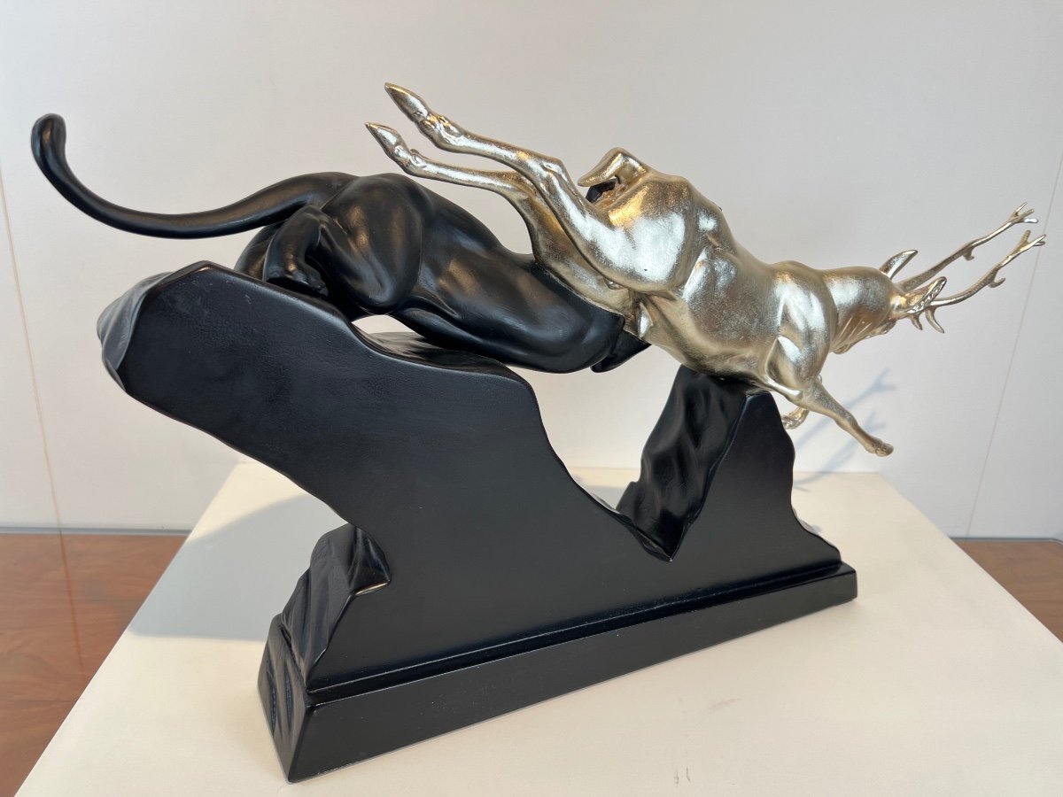 Art Deco Deer And Panther Sculpture By Irenee Rochard, White Gold, Lacquer, France Circa 1930-photo-6