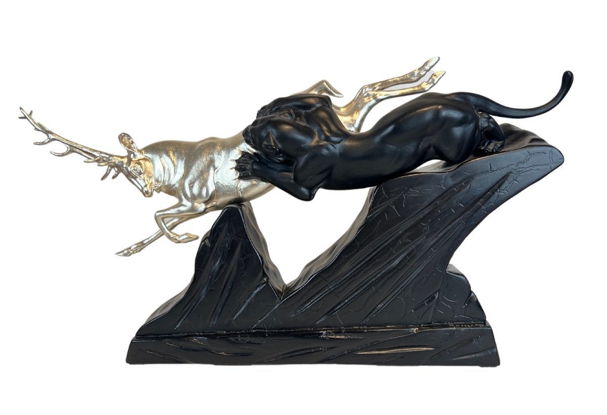 Art Deco Deer And Panther Sculpture By Irenee Rochard, White Gold, Lacquer, France Circa 1930