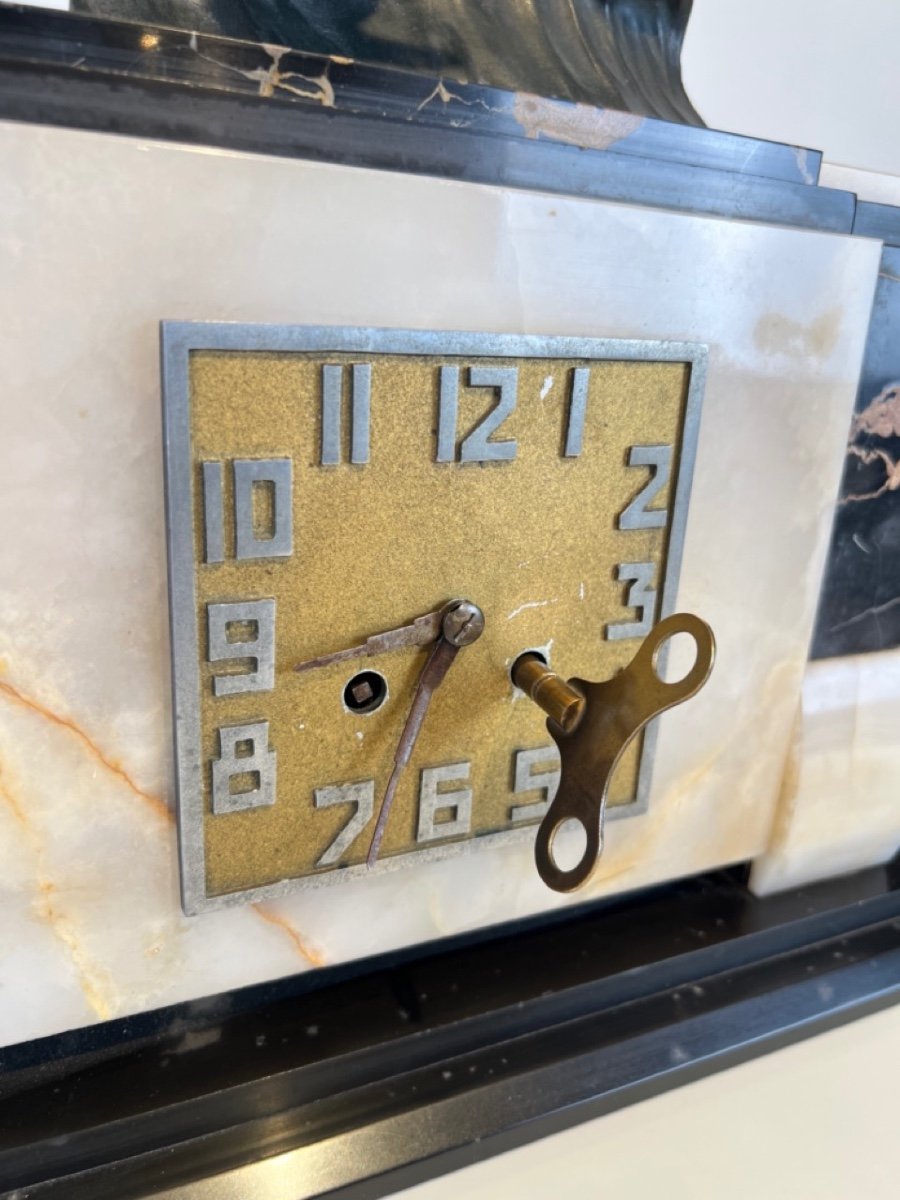 Horloge De Table Art Déco Avec Sculpture d'Oiseau, Marbre, France Vers 1930-photo-8