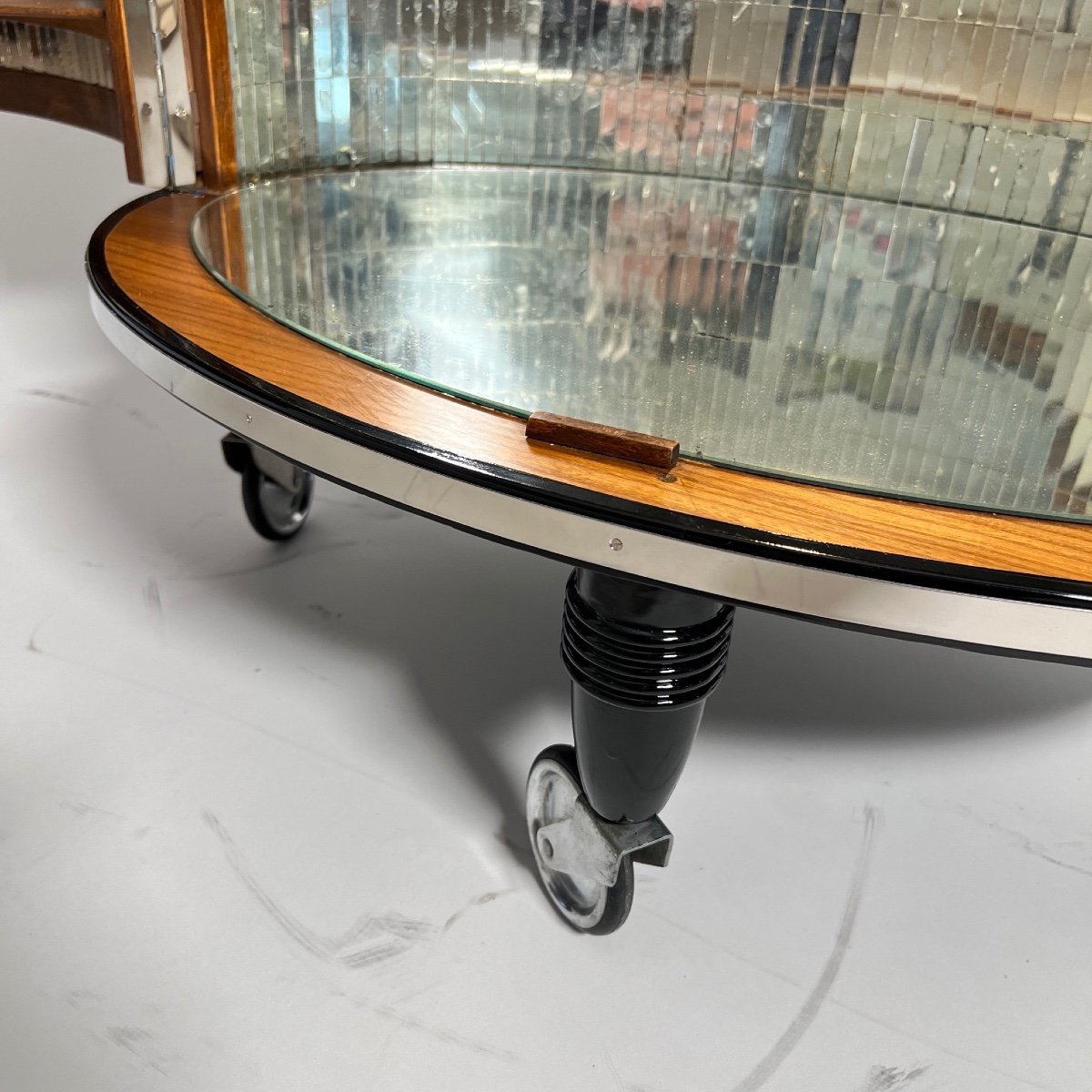 Art Deco Bar Cart, Black Lacquer, Mirror, Lighting, France Circa 1930-photo-4