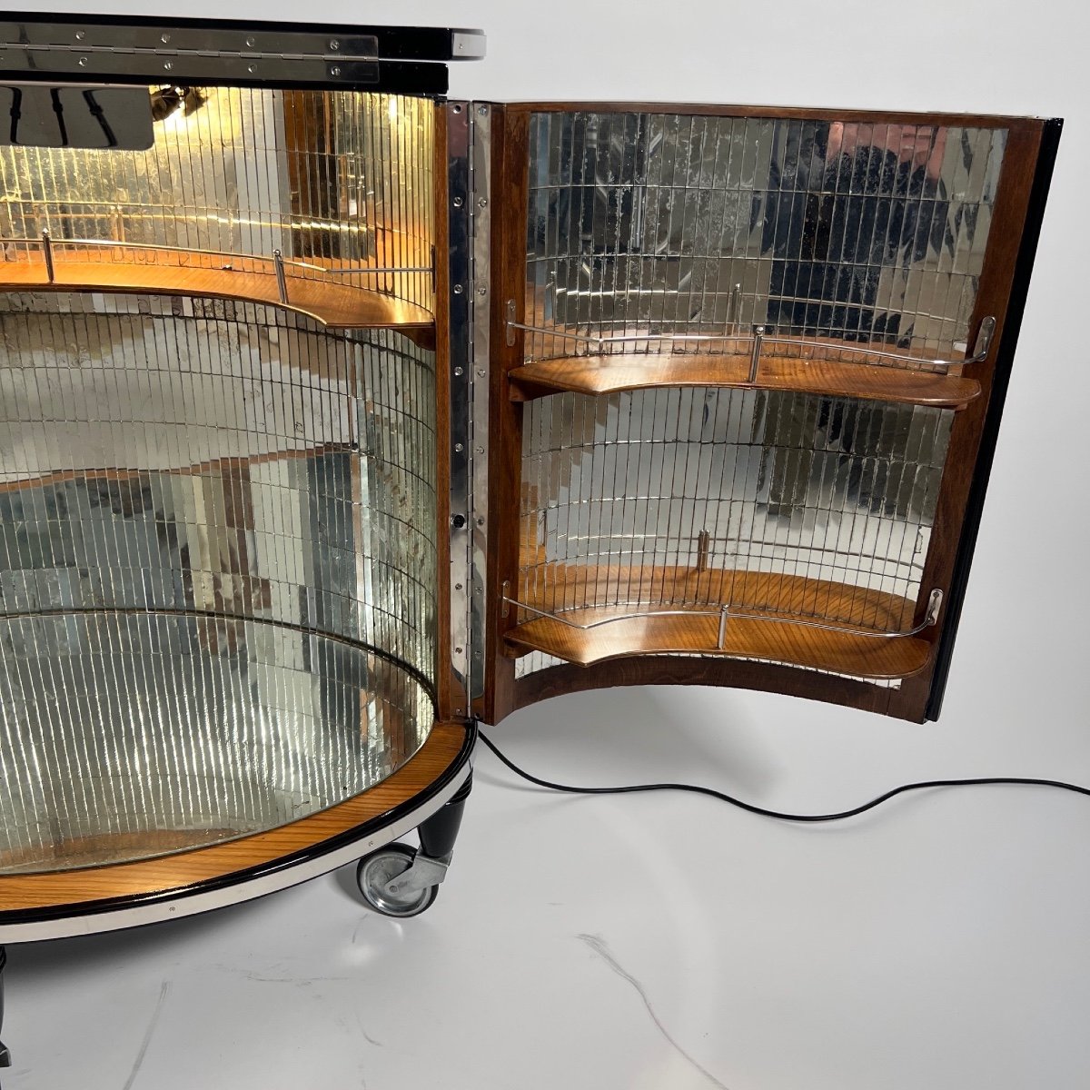 Art Deco Bar Cart, Black Lacquer, Mirror, Lighting, France Circa 1930-photo-5