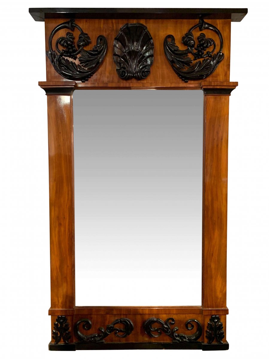 Empire Wall Mirror, Bright Mahogany, Carved Black Decor, South Germany, Circa 1810