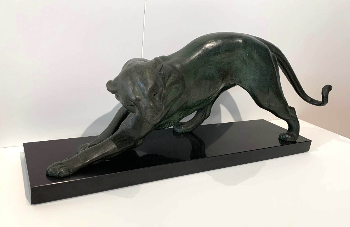 Art Deco Panther Sculpture By Plagnet, White Bronze, Marble, France Circa 1925-photo-3