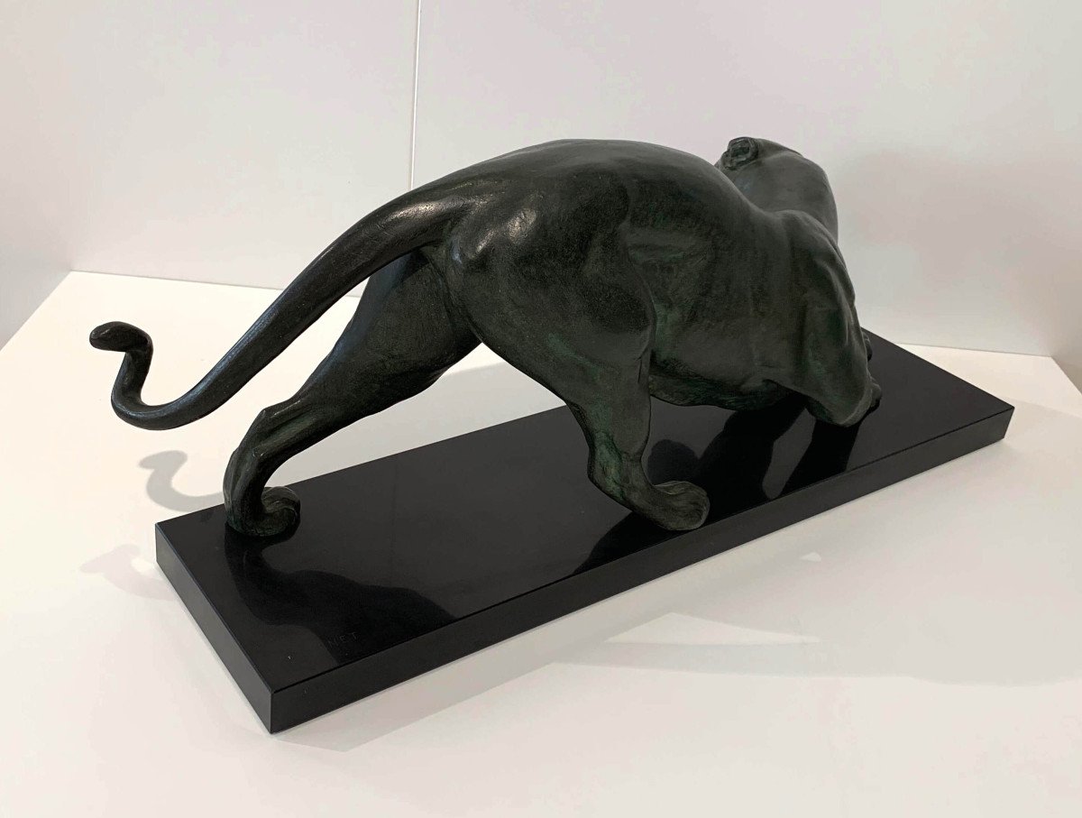 Art Deco Panther Sculpture By Plagnet, White Bronze, Marble, France Circa 1925-photo-2