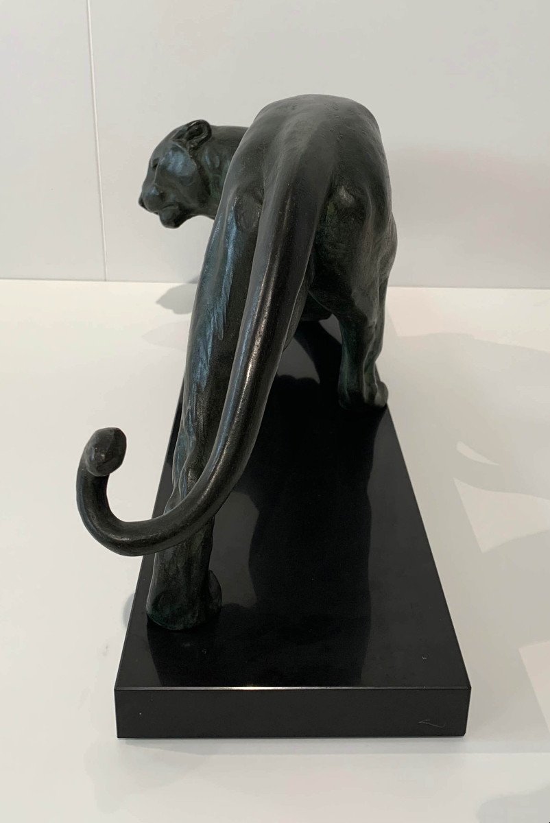 Art Deco Panther Sculpture By Plagnet, White Bronze, Marble, France Circa 1925-photo-3