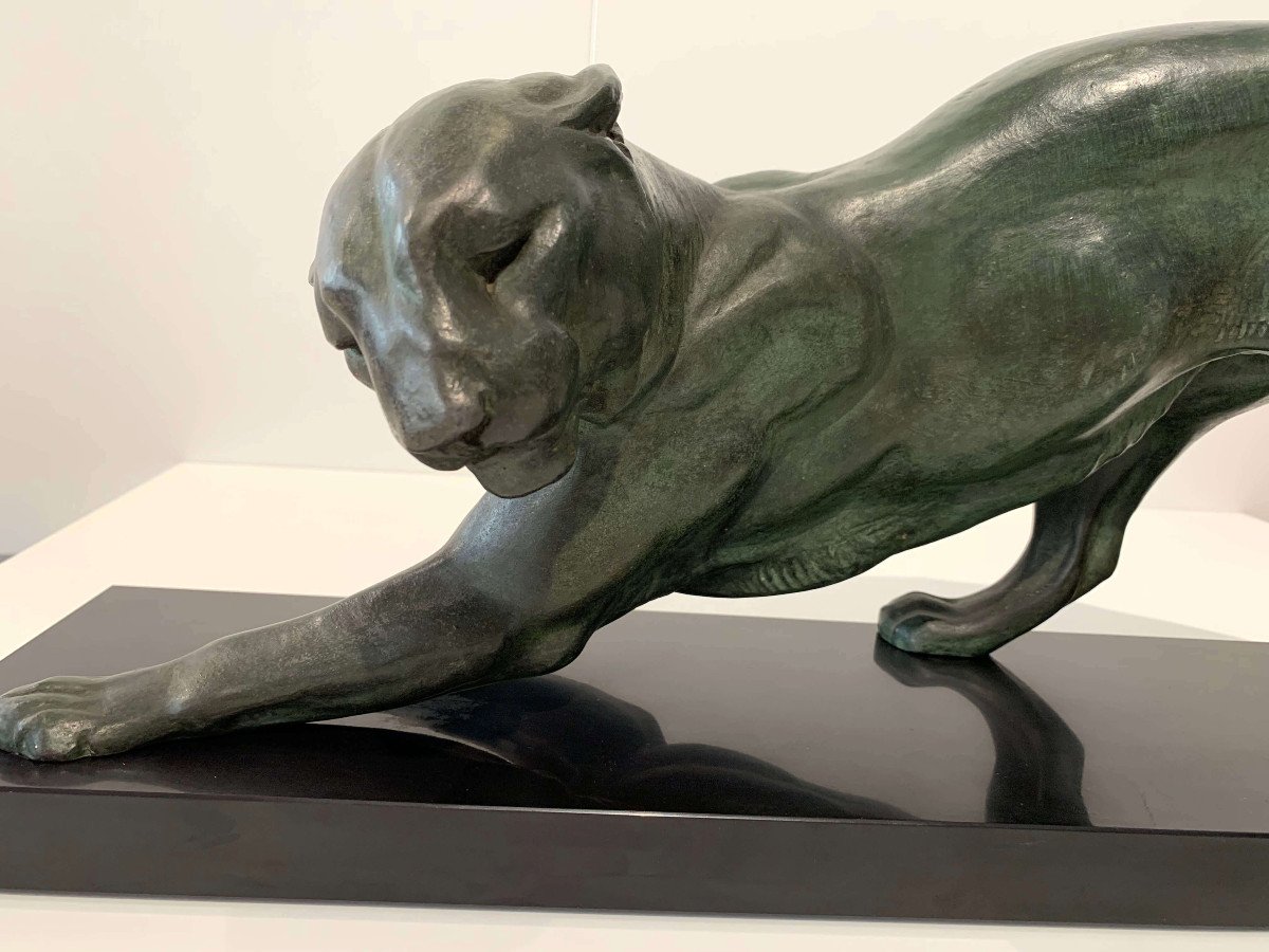 Art Deco Panther Sculpture By Plagnet, White Bronze, Marble, France Circa 1925-photo-4