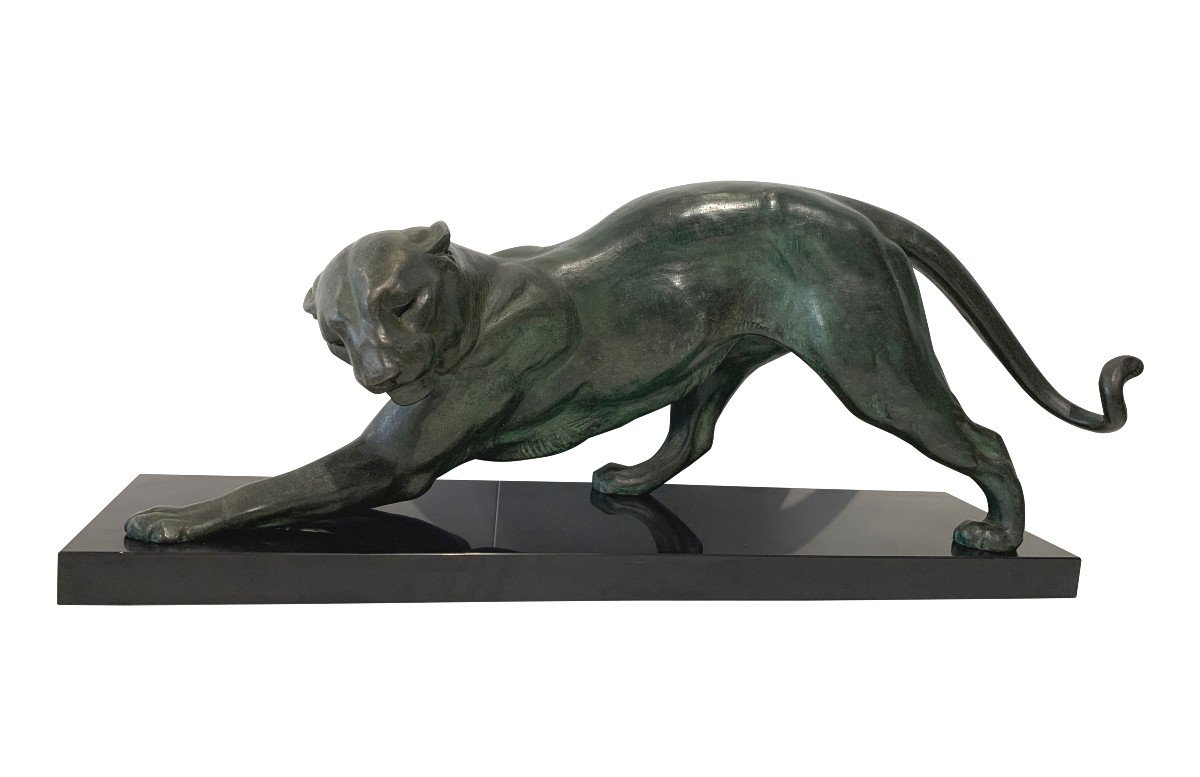 Art Deco Panther Sculpture By Plagnet, White Bronze, Marble, France Circa 1925