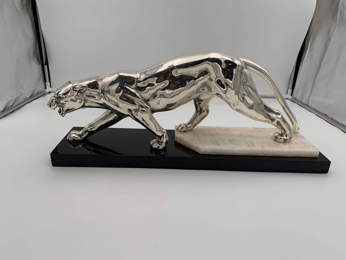 Panthère Marche Sculpture, Silver Plated, Marble, France Circa 1930-photo-1