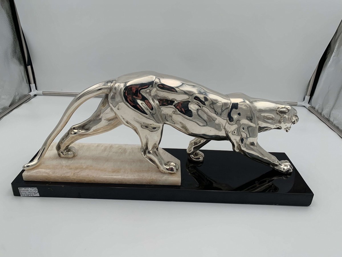 Panthère Marche Sculpture, Silver Plated, Marble, France Circa 1930-photo-5