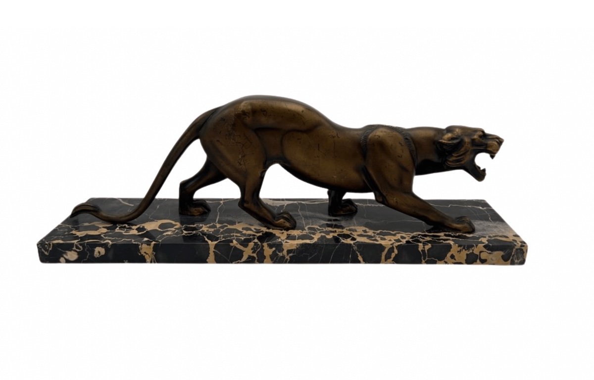 Art Deco Sculpture Of A Panther By Irénée Rochard, Bronze, Marble, France Circa 1930