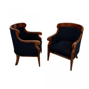 Pair Of Biedermeier Bergere Chairs, Walnut, Black Teddy, Austria Circa 1850