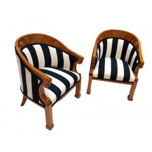 Pair Of Biedermeier Bergere Chairs, Cherry, Boucle, Austria Circa 1830