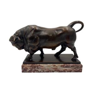 Art Deco Bull Sculpture, Bronze, Marble, France Circa 1930