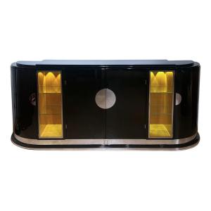 Large Art Deco Buffet, Black Lacquer, Maple, Lighting, France Circa 1930