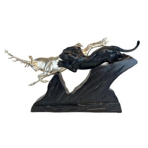 Art Deco Deer And Panther Sculpture By Irenee Rochard, White Gold, Lacquer, France Circa 1930