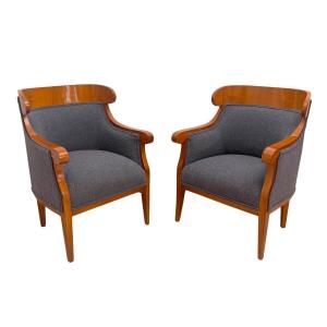 Pair Of Biedermeier Bergere Chairs, Cherry Wood, Grey Bouclé, Austria Circa 1830.