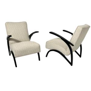 Pair Of Art Deco Armchairs By J. Halabala, Black Lacquer, Czech Circa 1930