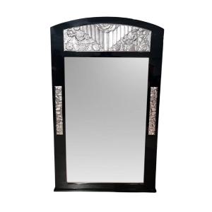 Art Deco Wall Mirror, Black Lacquer, Silver Leaf, France Circa 1930