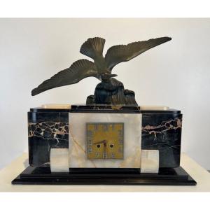 Art Deco Table Clock With Bird Sculpture, Marble, France Circa 1930