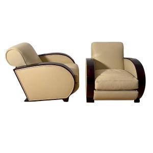 Pair Of Art Deco Club Armchairs, Cream Leather, Beech, Lacquer, France Circa 1930