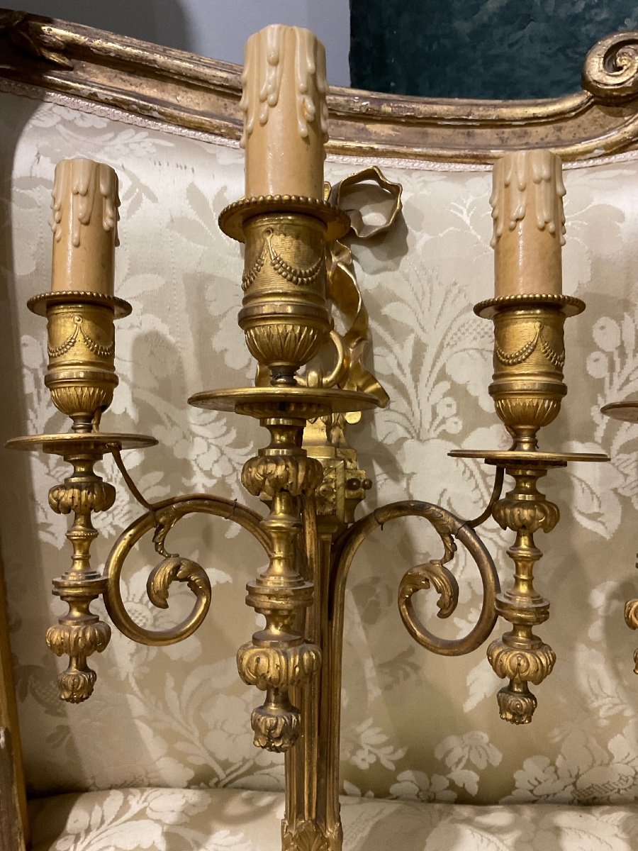 Pair Of Louis XVI Style Gilt Bronze Wall Sconces-photo-2