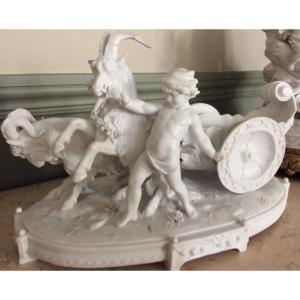 Porcelain Biscuit Centerpiece Putti Guiding A Chariot Pulled By Two Goats 