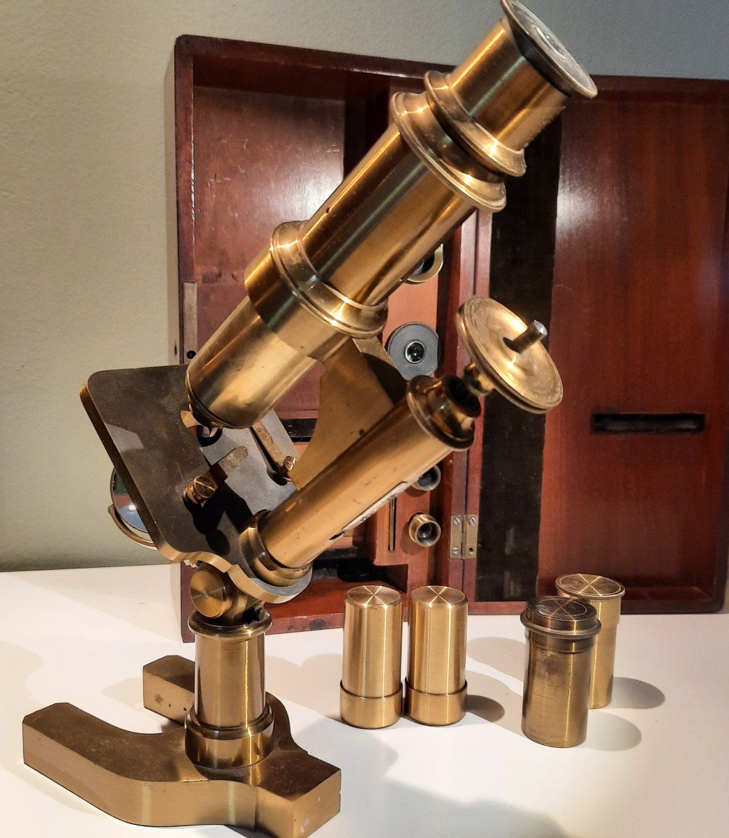 All Brass Microscope In Its 19th Century Mahogany Box